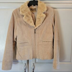 Mudd Jeans Tan Suede Leather Faux Fur Collar Jacket Coat